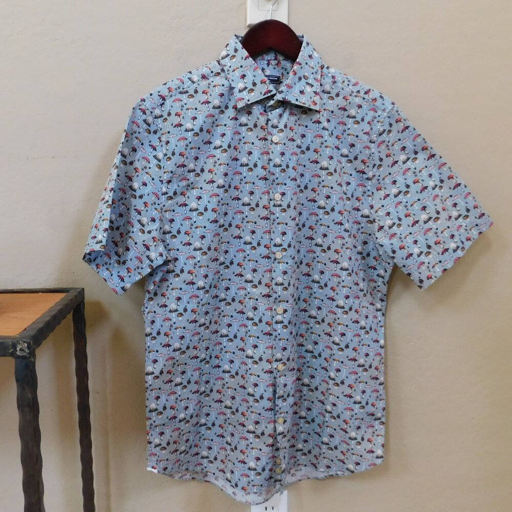 NWT Saks Fifth Ave novelty graphic mushroom print slim fit SS button camp shirt - Picture 13 of 16